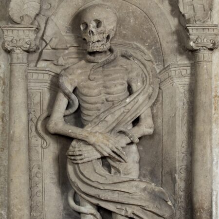 Upper body of cadaver effigy showing shroud and snakes