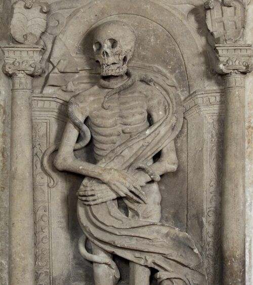 Upper body of cadaver effigy showing shroud and snakes