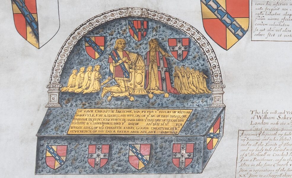 Monumental brass: kneeling figures of man in armour and heraldic tabard, woman in gable head-dress, heraldry on cloak, children kneeling behind. more detail in text of article