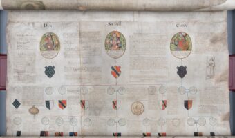Pedigree roll of Sackville family, decorated with heraldic shields and drawings of effigies
