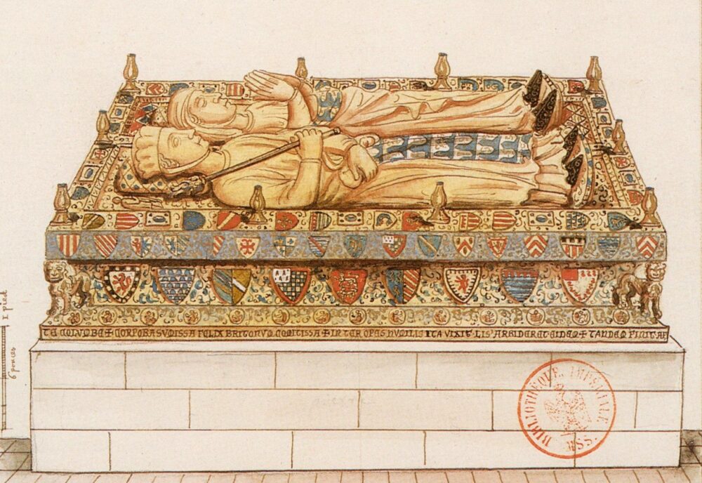 Elaborately painted and gilded tomb chest with gilded effigies