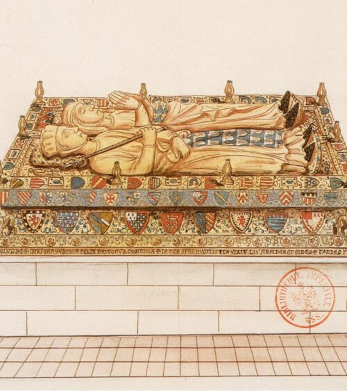 Elaborately painted and gilded tomb chest with gilded effigies