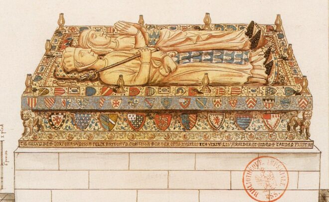 Elaborately painted and gilded tomb chest with gilded effigies