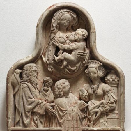 Wall monument showing a canon being presented to the Virgin and Child by Saints James and Barbara