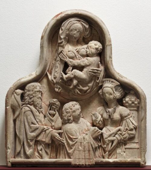 Wall monument showing a canon being presented to the Virgin and Child by Saints James and Barbara