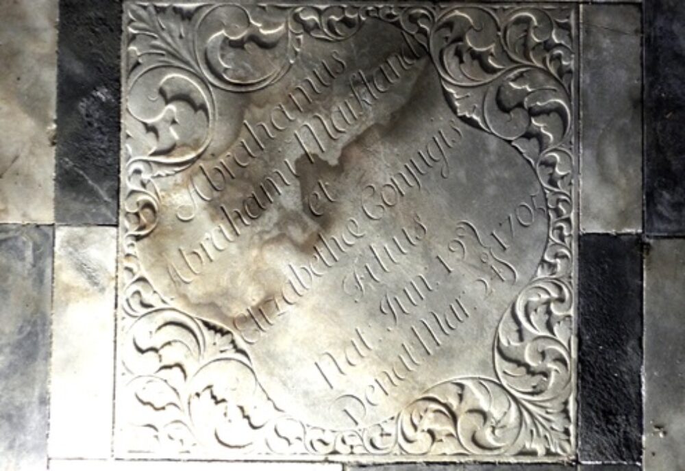 Plaque recording the burial of Abraham Markland, d.1706