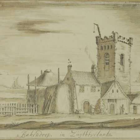 Pencil drawing of church surrounded by houses and barns, ships on canal in distance