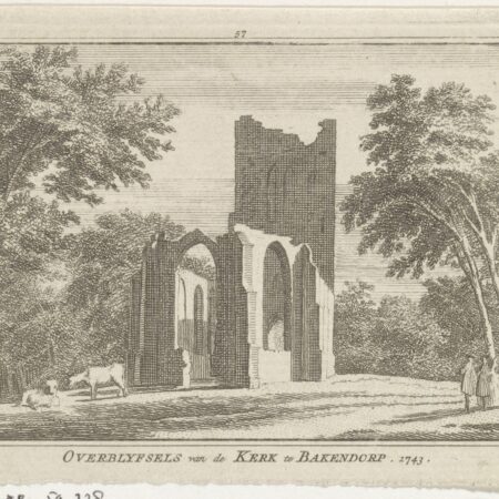 Etching of ruined church, overhanging trees, cows and elegantly dressed group in foreground