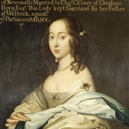 Portrait of young woman in seventeenth-century dress with elaborate jewels, hair dressed in ringlets