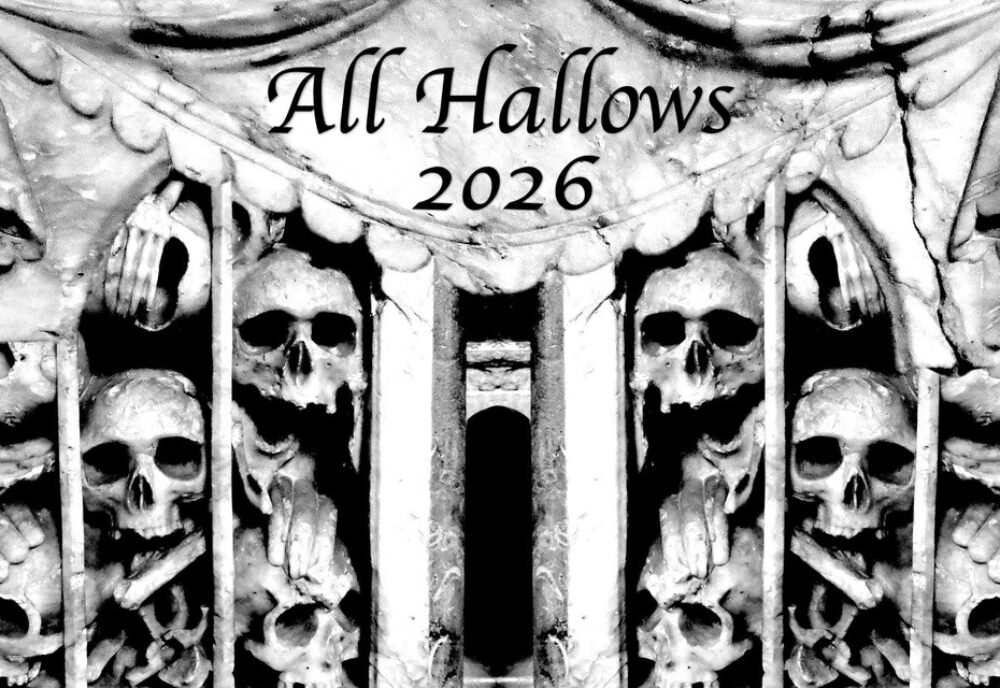 Tomb in the form of a cage filled with skulls; text 'All Hallows 2026'