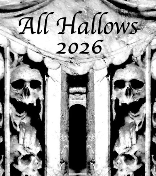 Tomb in the form of a cage filled with skulls; text 'All Hallows 2026'
