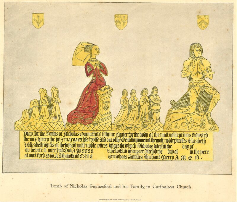 Antiquarian drawing of monumental brass. Kneeling female figure with butterfly head-dress, male figure in armour, children kneeling behind them
