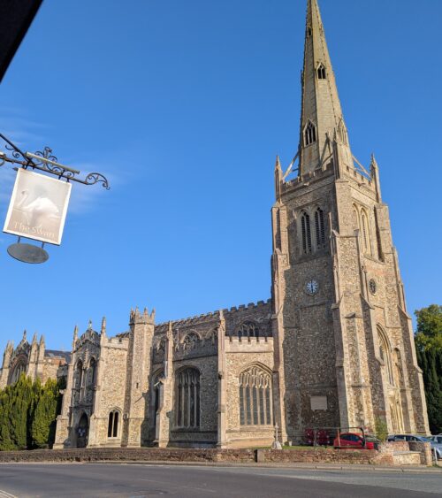 Thaxted church and pub sign