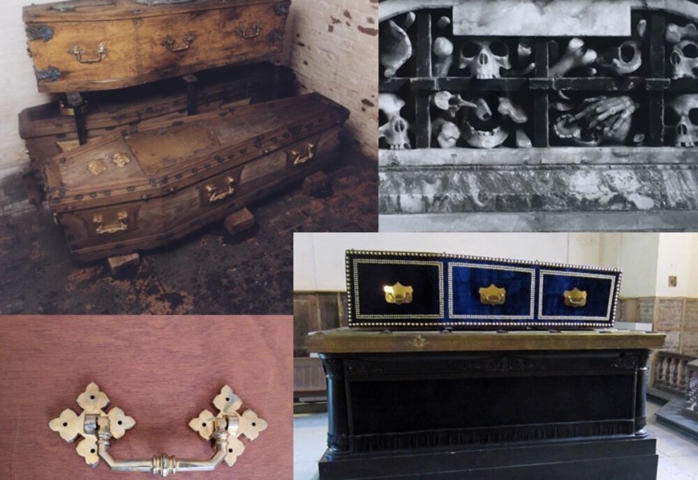 montage: coffins in a vault, tom carving of skull cage, modern coffin and gothic handles montage: coffins in a vault, tom carving of skull cage, modern coffin and gothic handles