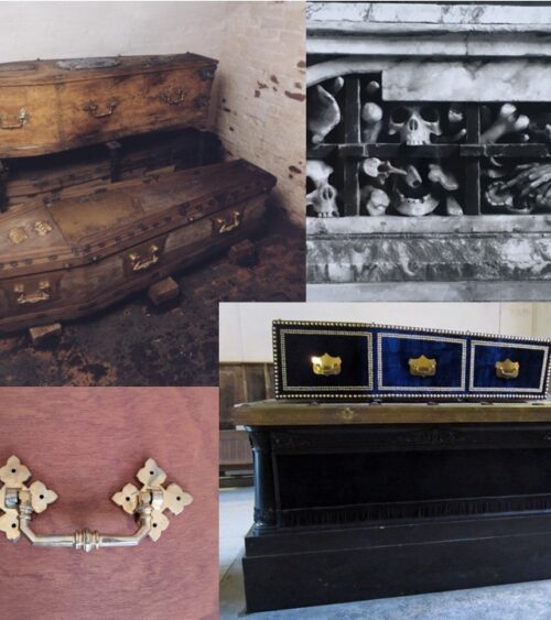 montage: coffins in a vault, tom carving of skull cage, modern coffin and gothic handles