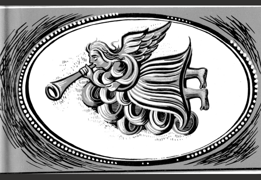 Cartouche with flying angel bearing trumpet