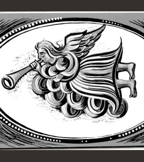 Cartouche with flying angel bearing trumpet