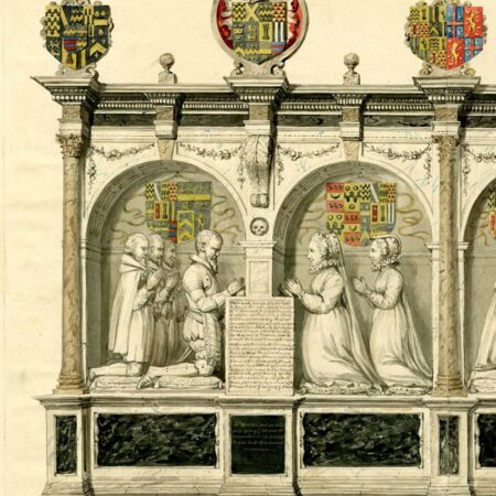 Wall monument with kneeling couple under round arches, children kneeling behind