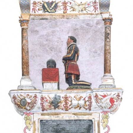Conjectural reconstruction of the Blount monument: the kneeling figure is now set in an elaborate framework with Corinthian pillars and pinnacles