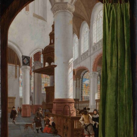 Interior of church with conversation groups, man with dog, ledgerstones in floor