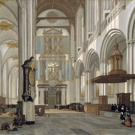 Interior of church showing gravediggers working