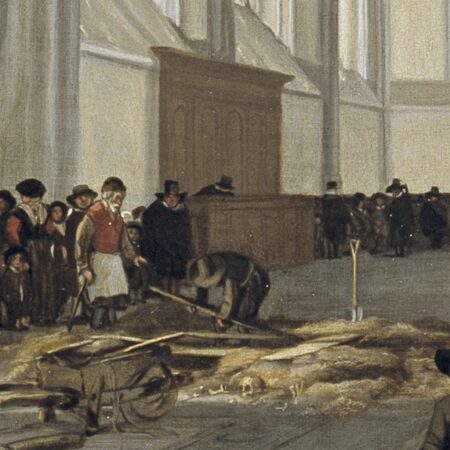 Detail of painting of gravediggers working, with pile of earth, skull and bones