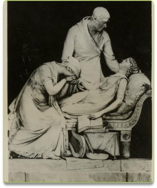 Tomb with carving of dying woman on a couch, mother weeps at feet, father bends over her